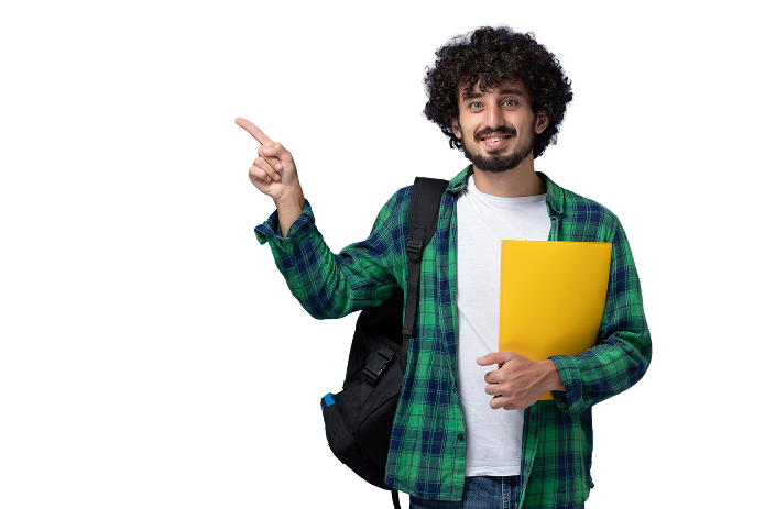 Student holding a folder and pointing to the brochure offer